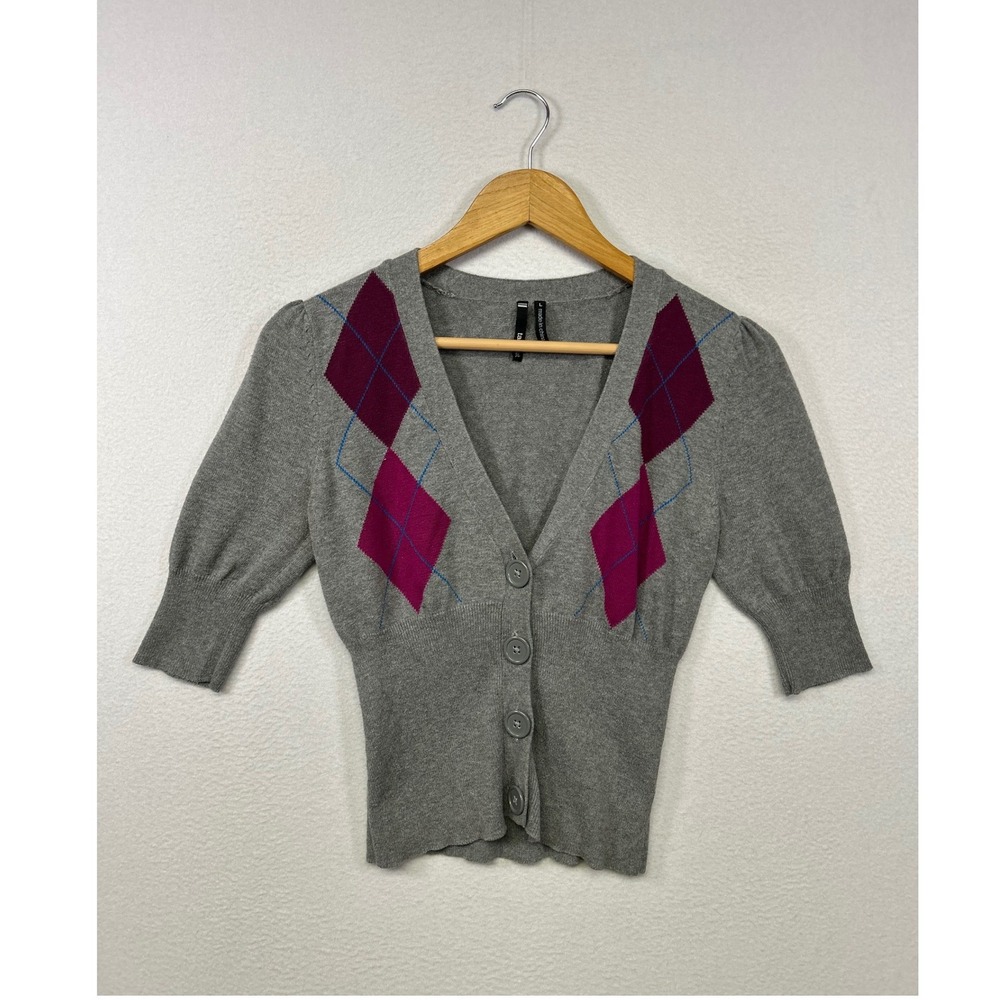Y2K Preppy Academic Takeout Womens Large Grey Argyle Puff Sleeve V-Neck Cardigan